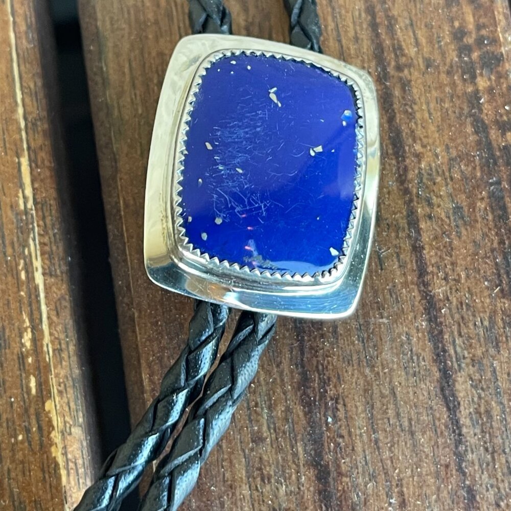 Vintage Navajo Sterling Silver Rectangle Blue Lapis Lazuli Bolo Tie